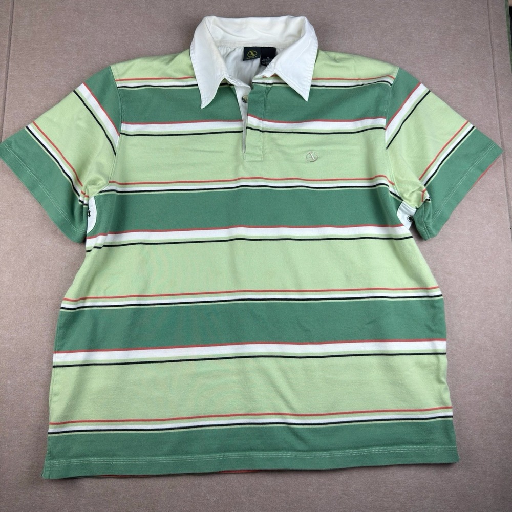 Vintage Aigle Polo Shirt Men XL Green White Stripe Rugby Style Made in Hong Kong